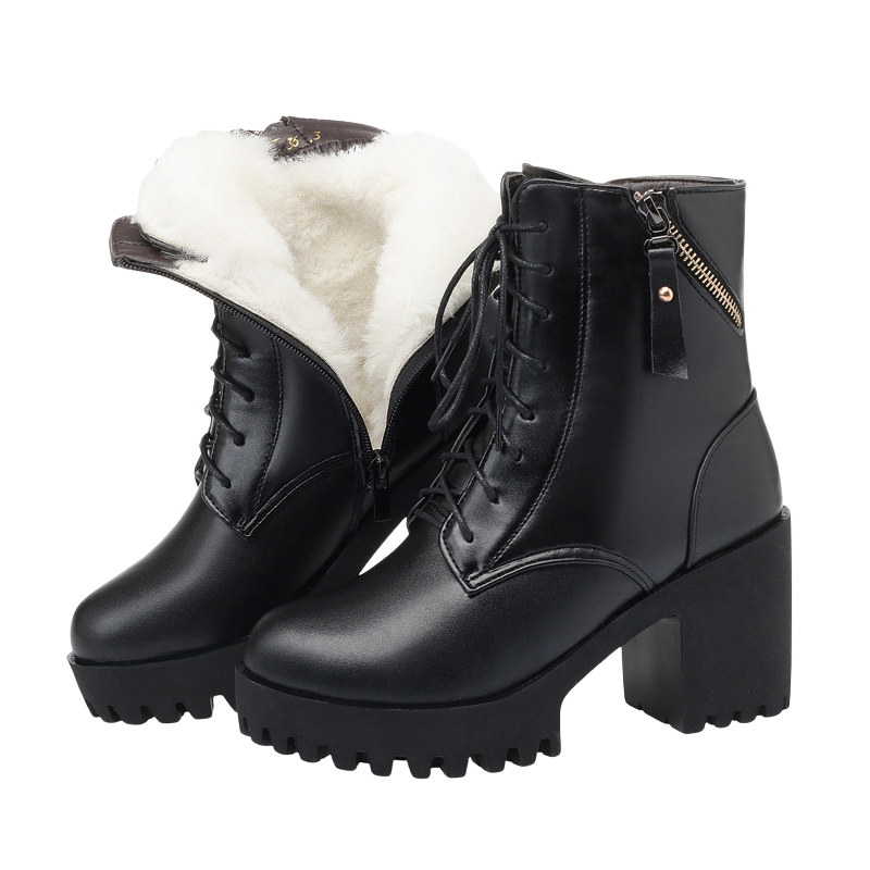 Genuine Leather Fashion High  Thick Heel Army Boots