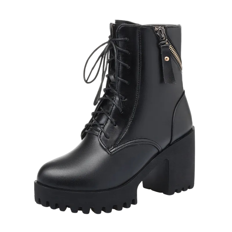 Genuine Leather Fashion High  Thick Heel Army Boots